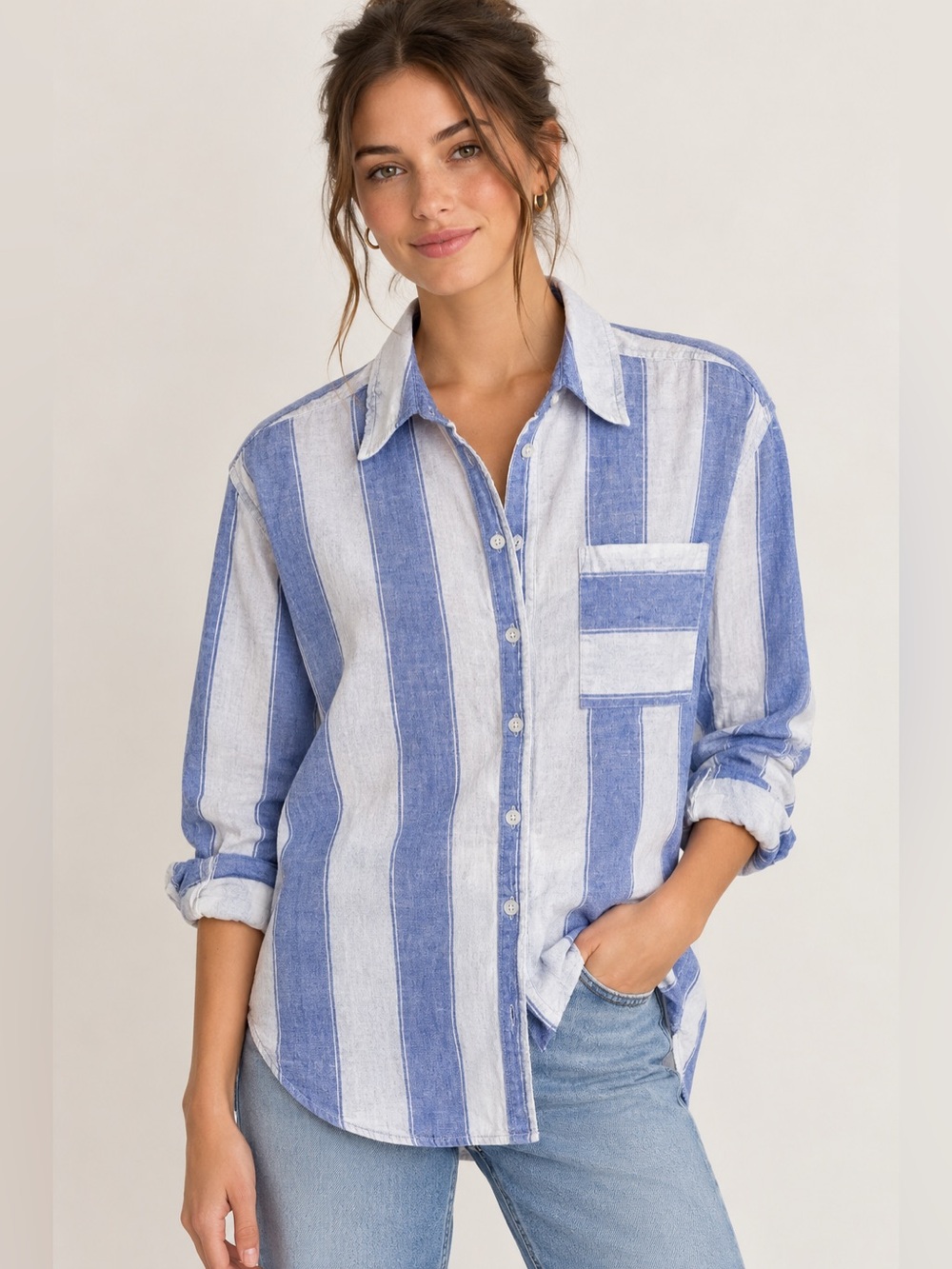 Maeve Anthropologie Linen Vertical Stripe Button Down Shirt Women S Blue/White